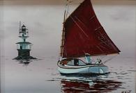 Red sail cat boat hog island